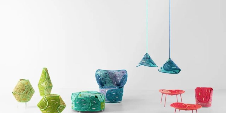La ligne de mobilier d’inspiration japonaise est fabriquée à partir de tissus recyclables et colorés.